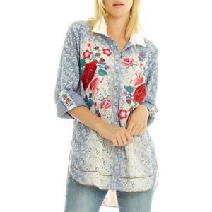 Anthropologie Arrata Silent Journey Blue Floral Embroidered Button-Down Shirt